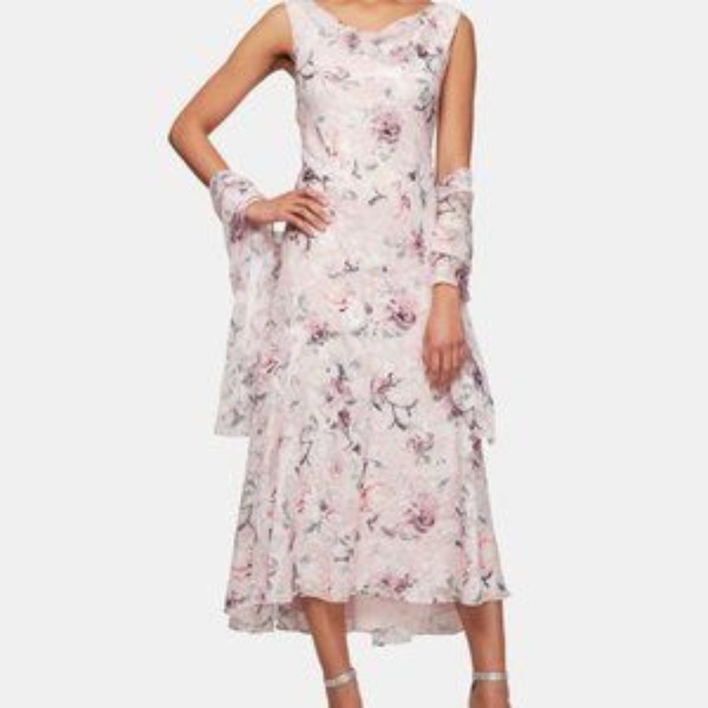 Alex Evenings Floral-Print petite sleeveless Dress & Shawl size 14P